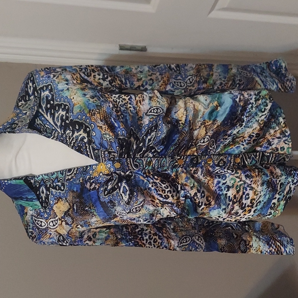Cache Multicolor Blue & Gold Printed Button-Up Blouse